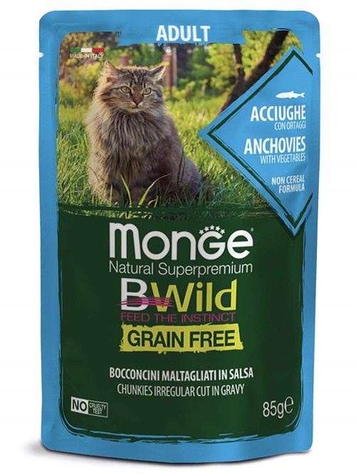 Monge CAT BWild-GRAIN  Паучи д/кошек из анчоусов с овощами, 85 гр