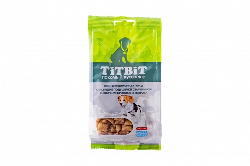 TITBIT Хрустящие подушечки для щенков с начинкой со вкусом кролика и творога, 95 гр