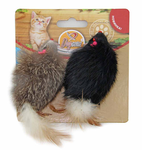 DOGMAN Игрушка для кошек МЫШКА меховая гремящая с пером, 2 шт, 6 см