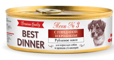 BEST DINNER Консервы для собак №3 ГОВЯДИНА С КРОЛИКОМ д/собак и щенков с 6 мес.  100 гр