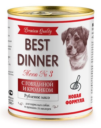 BEST DINNER Консервы для собак №3 ГОВЯДИНА С КРОЛИКОМ д/собак и щенков с 6 мес.  340 гр