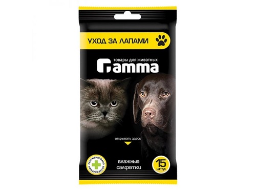 Гамма Влажные салфетки уход за лапами, 15 шт