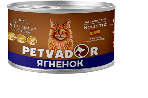 PETVADOR Консервы для кошек всех стадий жизни, ягненок и лосось, 100 гр