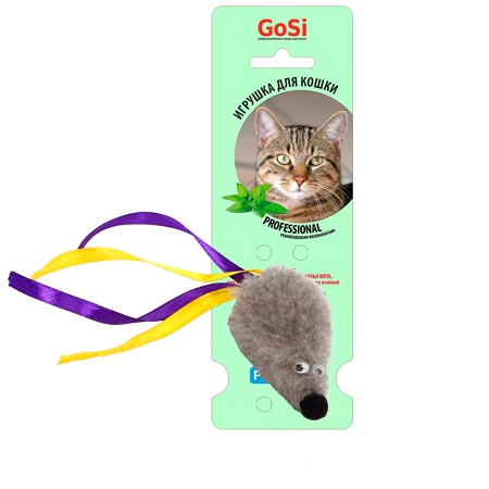 GoSi sh-07177 Игрушка "Мышь с мятой серая с хвостом из лент" на картоне
