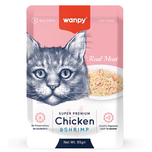 WANPY Паучи для кошек из курицы и креветок, 85 гр