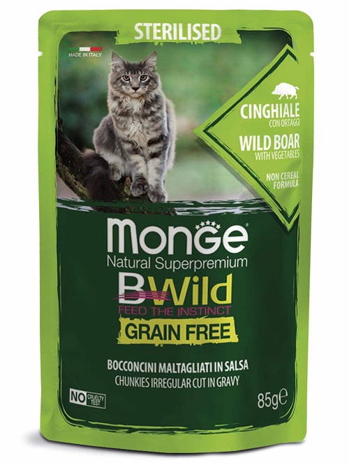 Monge CAT BWild-GRAIN  Паучи для СТЕРИЛИЗОВАННЫХ кошек из дикого кабана с овощами, 85 гр