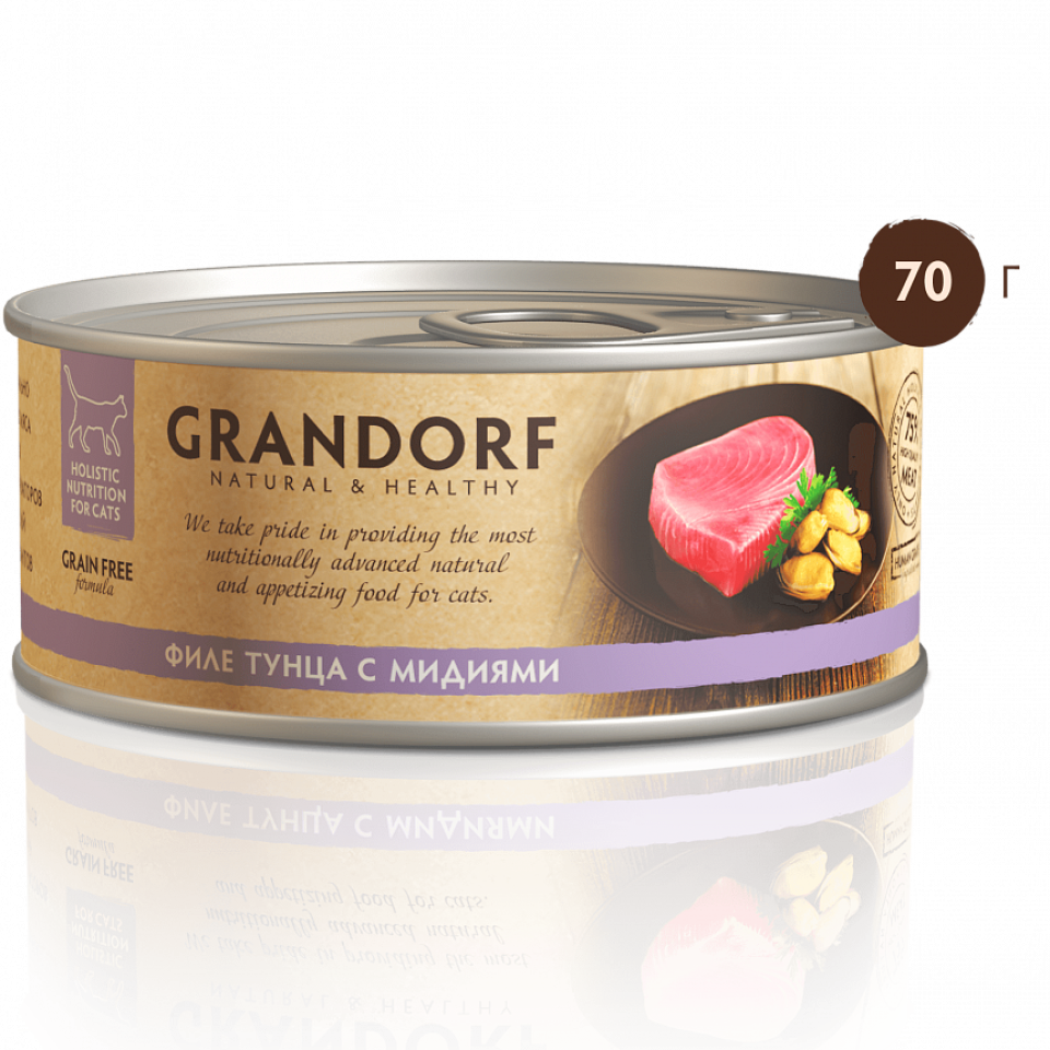 Grandorf Консервы д/кошек Филе тунца с мидиями в собственном соку, 70 гр